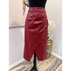 Commense‎ Burgundy Faux Leather Draped Asymmetrical Midi Skirt, M